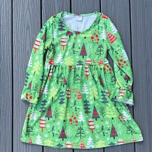 Girls' Green Holiday Tree Print Long-Sleeve Dress
